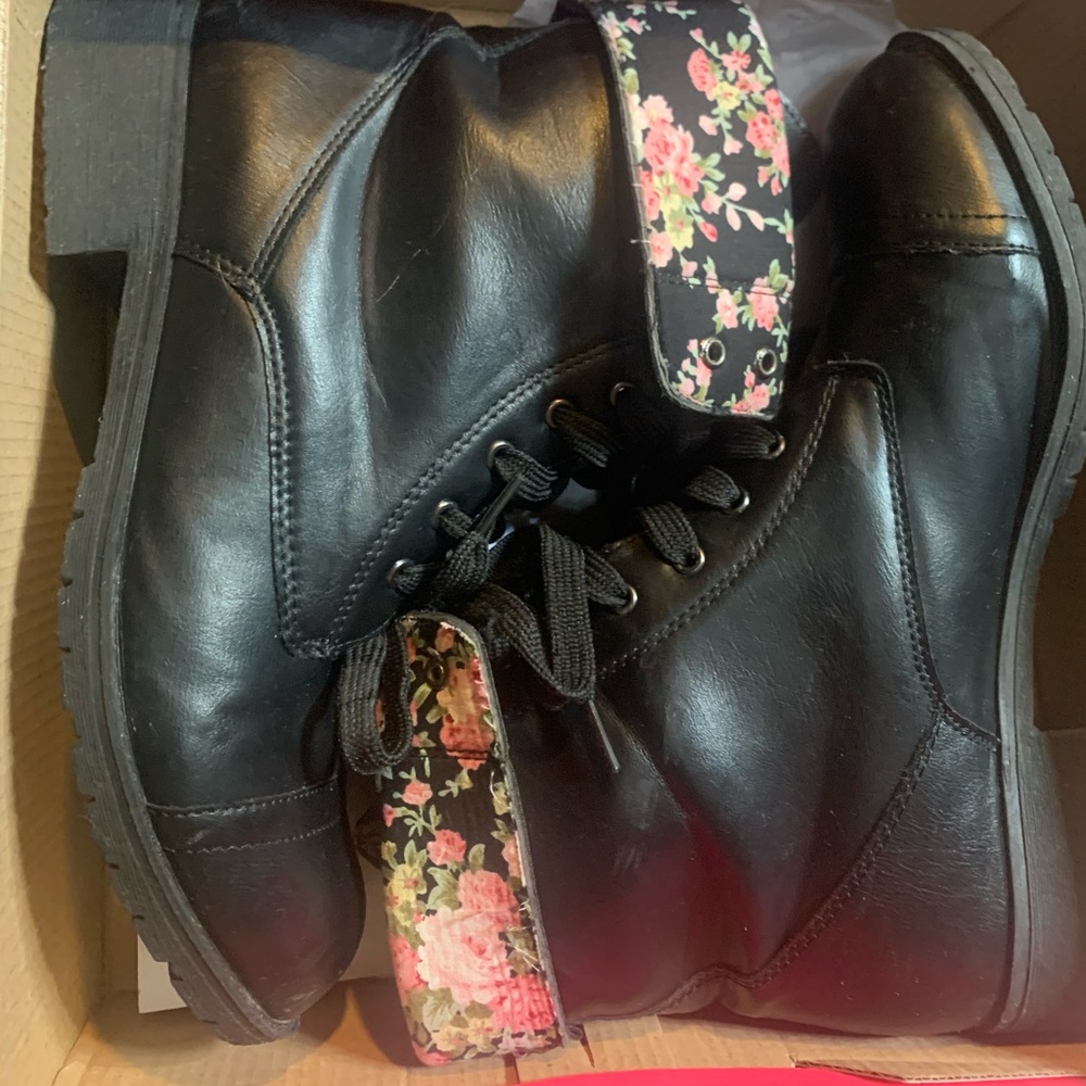 Black floral combat boots
